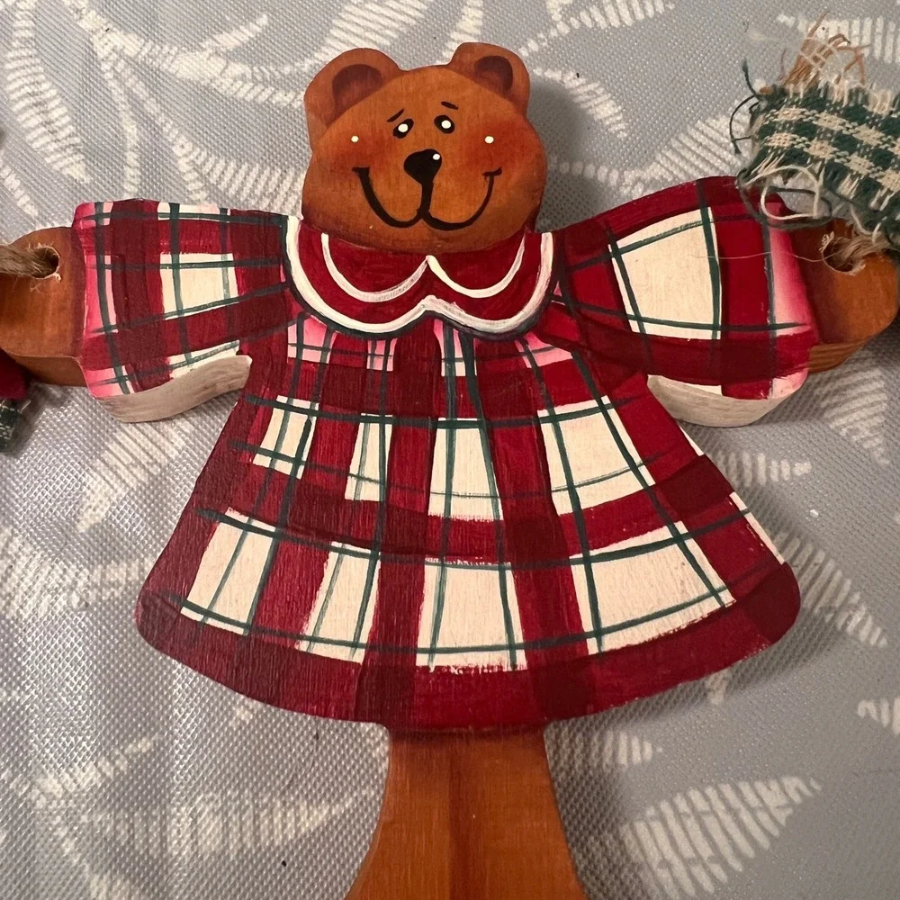 Vintage Rustic Christmas Garland Wooden Teddy Bear Gingerbread Cinnamon Sticks
